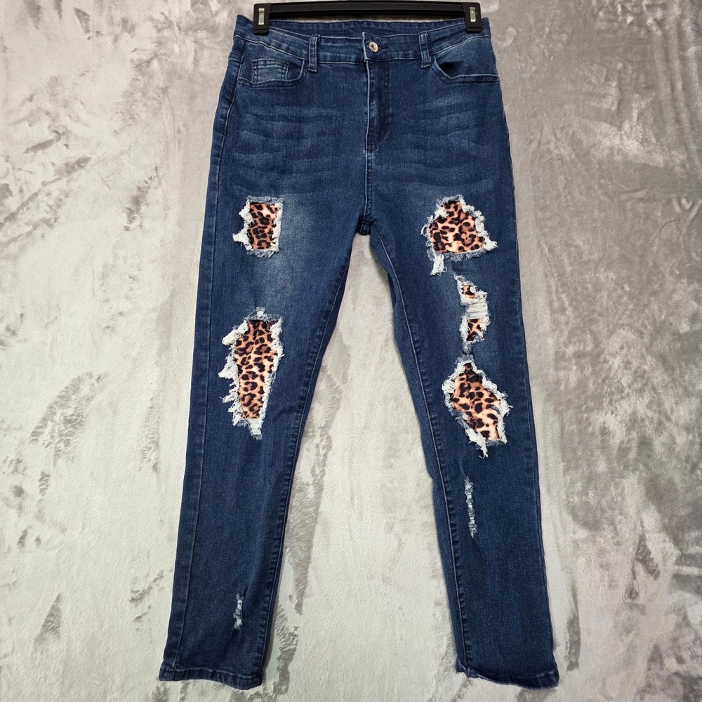 Jeans Womens XL Distressed Leopard Print Patch Skinny Denim Dark Wash Stretch